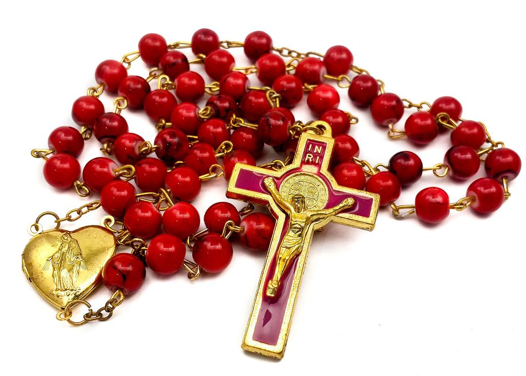 Saint Benedict Rosary Red Glass Beads St San Benito Cross Nr Medal Catholic Necklace