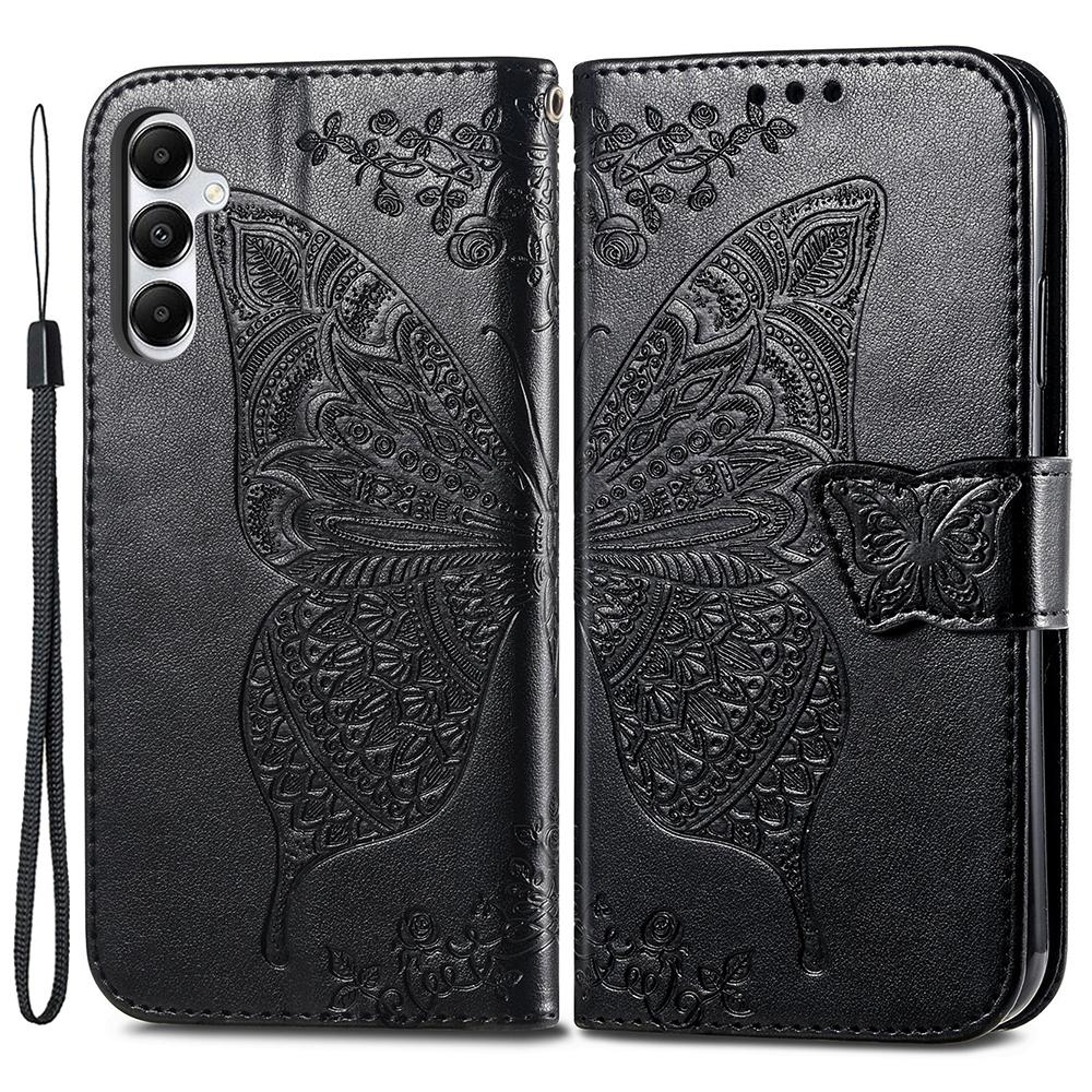 

For Samsung Galaxy A05s 4G PU Leather Case Stand Function Butterfly Flower Pattern Cover Wallet Black