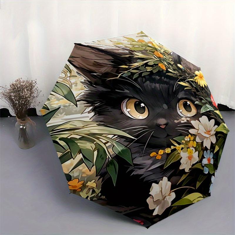 1pc Black Cat Flower Fully Automatic Folding Portable Fashion Umbrella, 8 Iron Frames, Three-Fold Design, Suitable for All Seasons, Suitable for Outdo