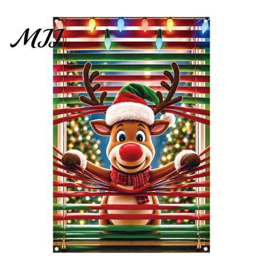Durable Polyester Window Drapes Christmas Cover Banner with Santa Claus and Elk Patterns, Xmas Blackout Curtains for Peeking Ornament, Wall