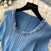 2026 Nuovi Arrivi Estivi Vestito Maglione Scollo a U Perline Manica Corta Aderente per Vestito da Festa di Compleanno Vestito Maglia Pieghettato Blu Strass Eventi Serata