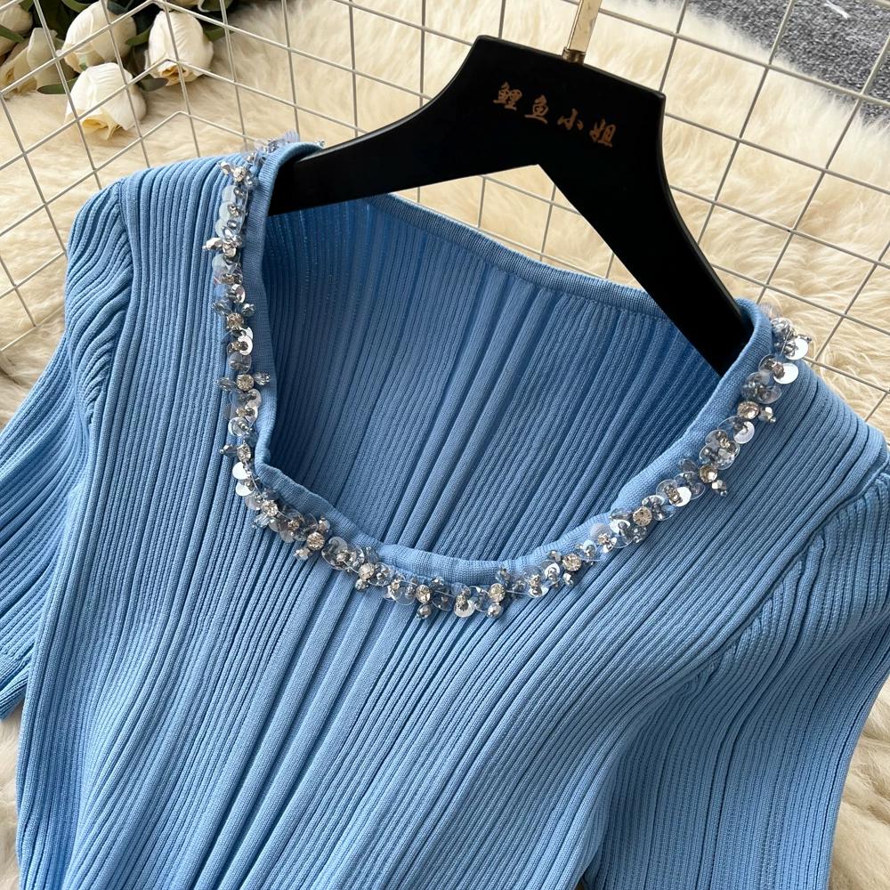 2026 Nuovi Arrivi Estivi Vestito Maglione Scollo a U Perline Manica Corta Aderente per Vestito da Festa di Compleanno Vestito Maglia Pieghettato Blu Strass Eventi Serata