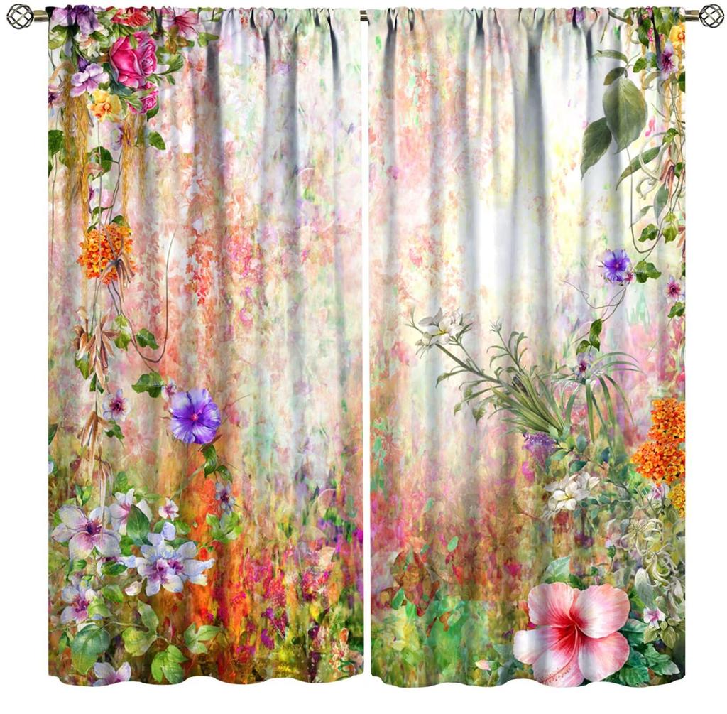 Boho Floral Curtain Flower Spring Wildflower Vintage Plant Bedroom Living Room Home Drapes Window Treatments Panel Curtains Polyester Area Decor