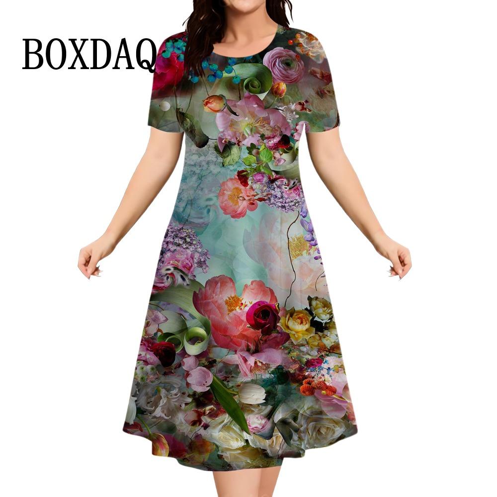 

Retro A-line Dress Women s 3d Printed Short-sleeved Loose Summer Casual Pullover Mini Dress XL