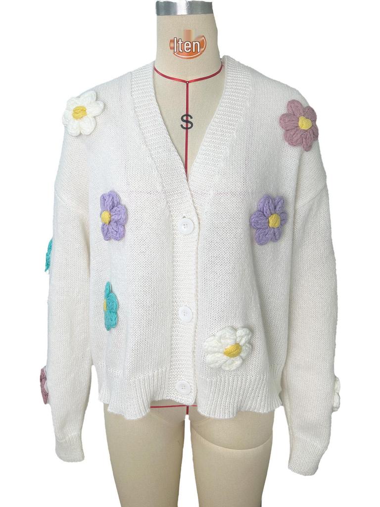 Floral Pattern Button Knit Cardigan - Cute 2024 Loose Long Sleeve Sweater
