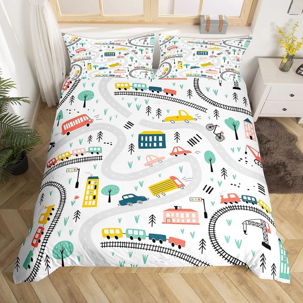 Cartoon Cars Duvet Cover Single Queen City Roads Bedding Set Hand Drawn Truck Bicycle Comforter Cover for Boys Teen Room Decor