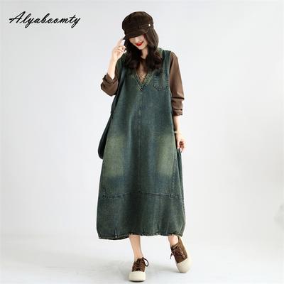 Large Size Autumn Winter Women Denim Tank Dress V Neck Washed Cotton Oversized Long Sundress Retro Baggy Casual Loose Ladies' Sleeveless Dress