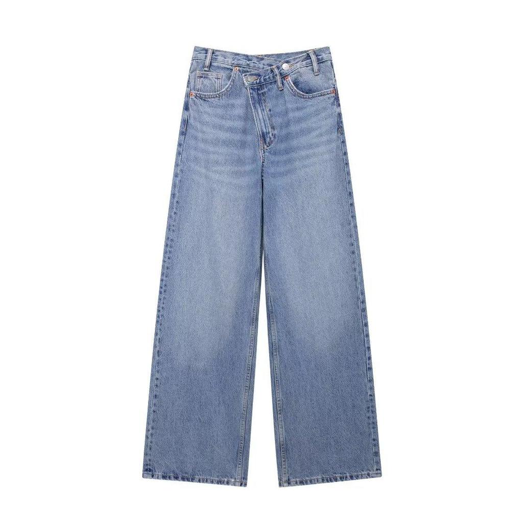 Women's Double Breasted Pants with High Waist and Wide Legs, Jeans