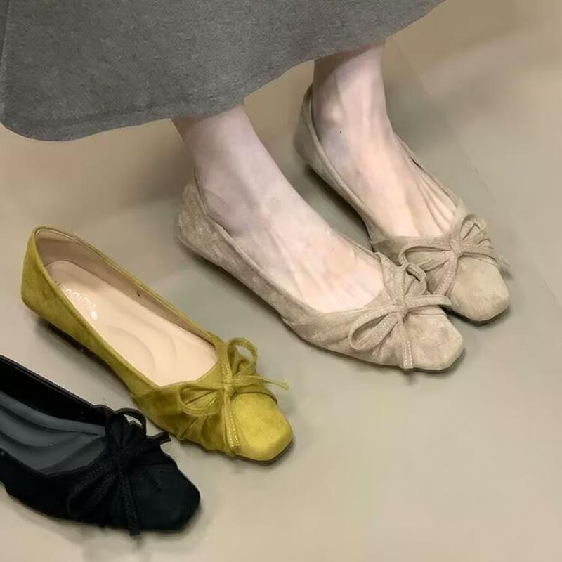 Bow Flats Women Loafers Shoes Shallow Suede Square Toe Fashion Shoes Dress Woman's Sandals 2026 Autumn Cozy New Zapatos Mujer