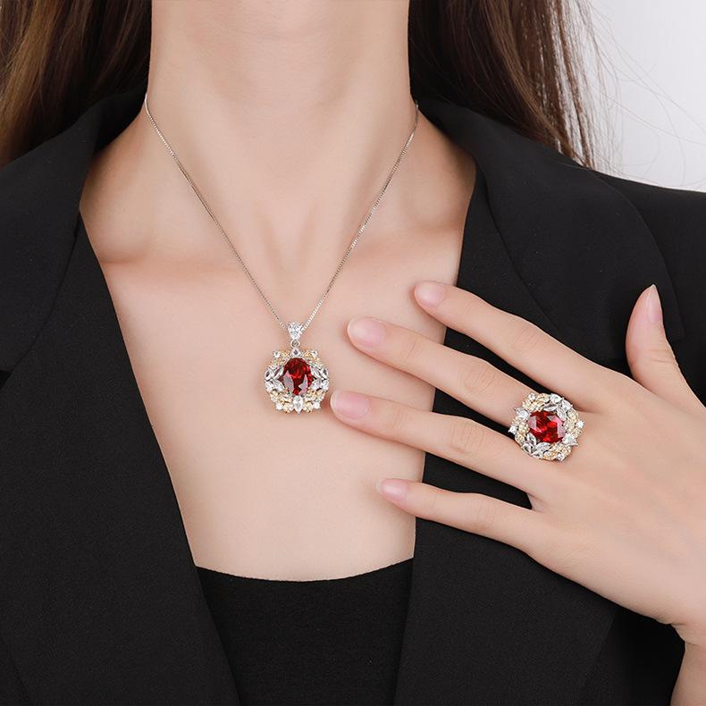 Hailanbao Necklace Zircon Paraiba Pendant Women's Emerald Ring Simulated Red Tourmaline