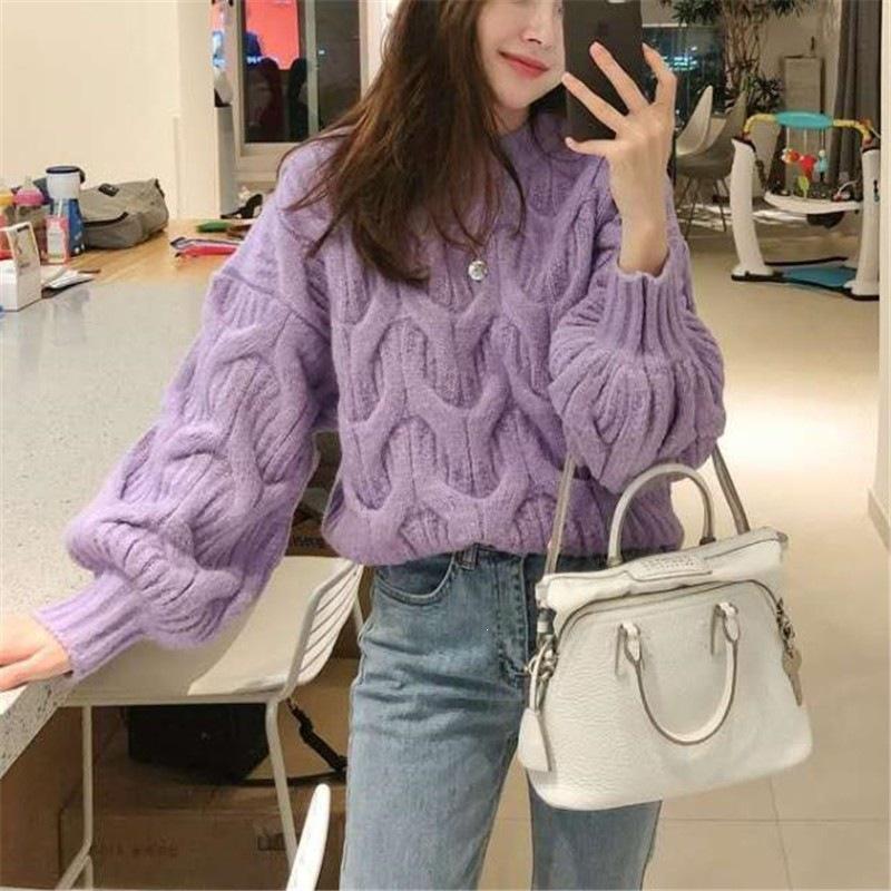 Women's Autumn/Winter Lantern Sleeve Cable Knit Sweater - Loose, Round Neck, Twisted Stitch Pullover.