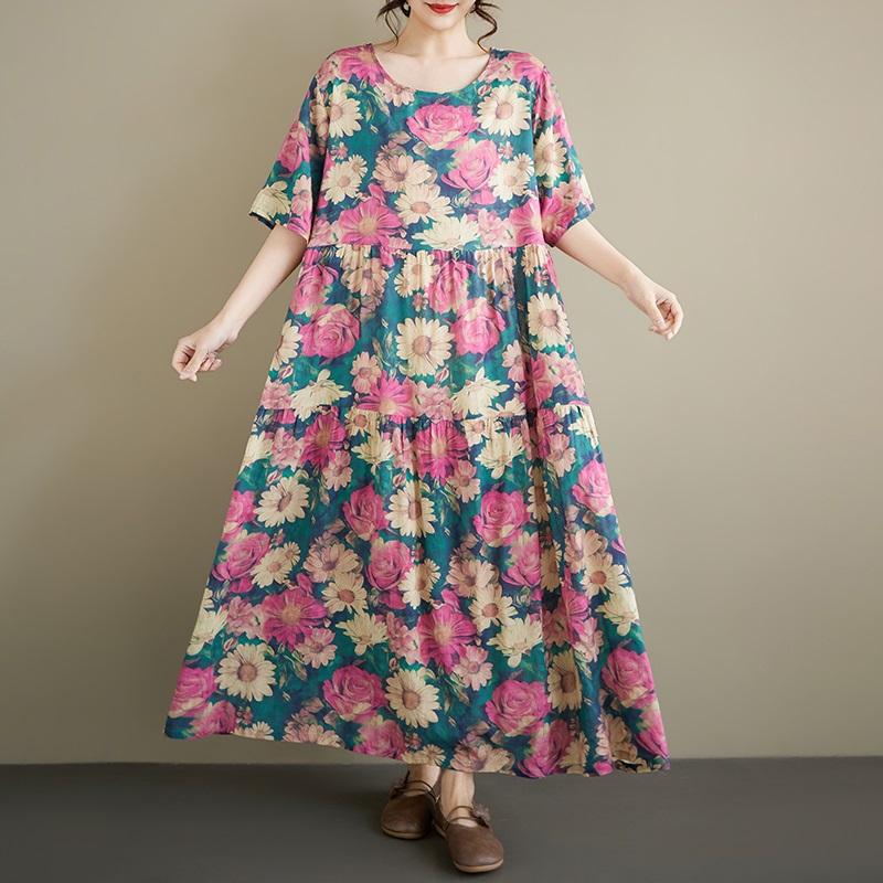 Short Sleeve Plus Size Vintage Floral New In Dresses for Women Casual Loose Long Summer Dress