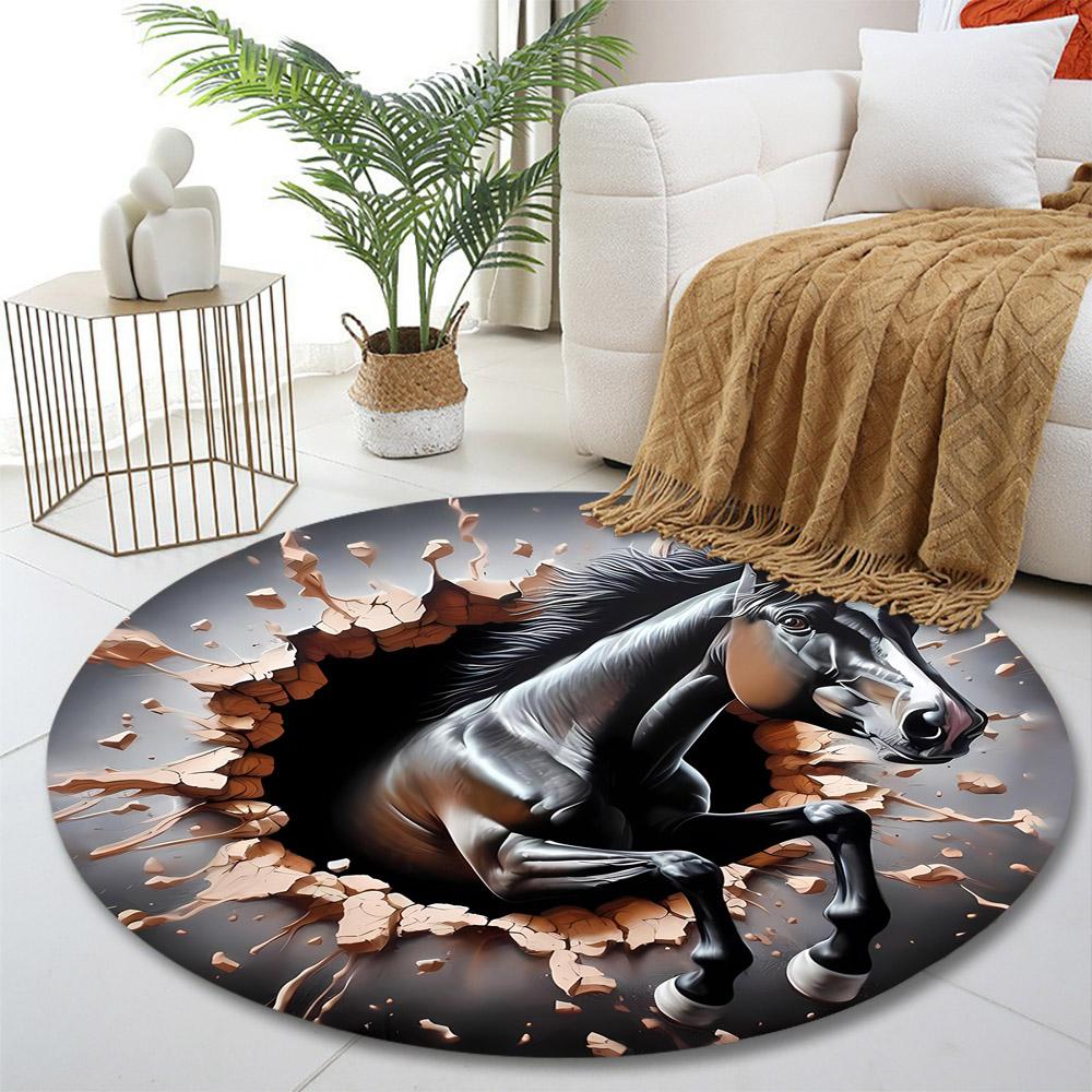 "Dynamic Black Horse Breaks Wall" Print round rug, living room, bedroom, playroom carpet, non slip floor mat, gift
