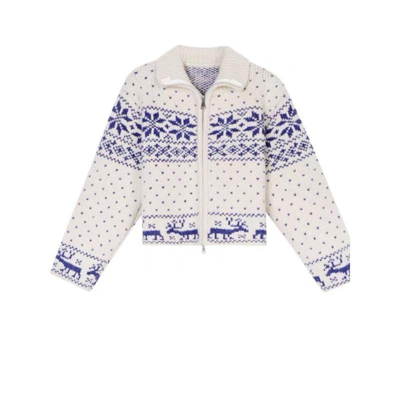 New Fall Women's Clothing Vintage Style Heavy Industry Stand Collar Zipper Knitting Cardigan Snowflake Embroider Sweater Long Sleeve Outwear