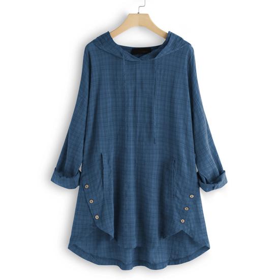 Women Top Loose Checked Long Sleeves Pullover Drawstring Dress Up Hooded A-line Plus Size Fall Shirt Female Clothes