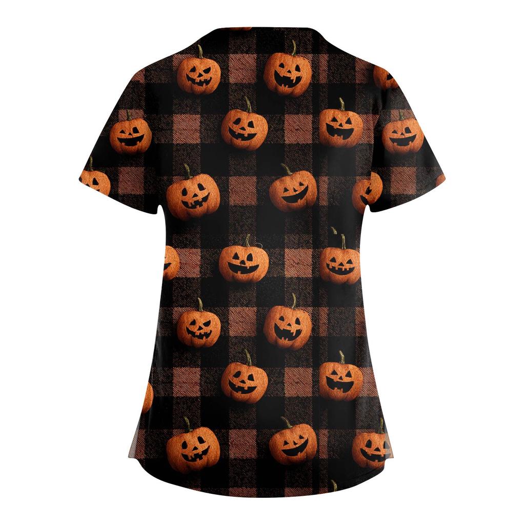 Damenmode V-Ausschnitt Kurzarm Overalls mit Taschen Halloween Bedruckte Oberteile Bekleidung