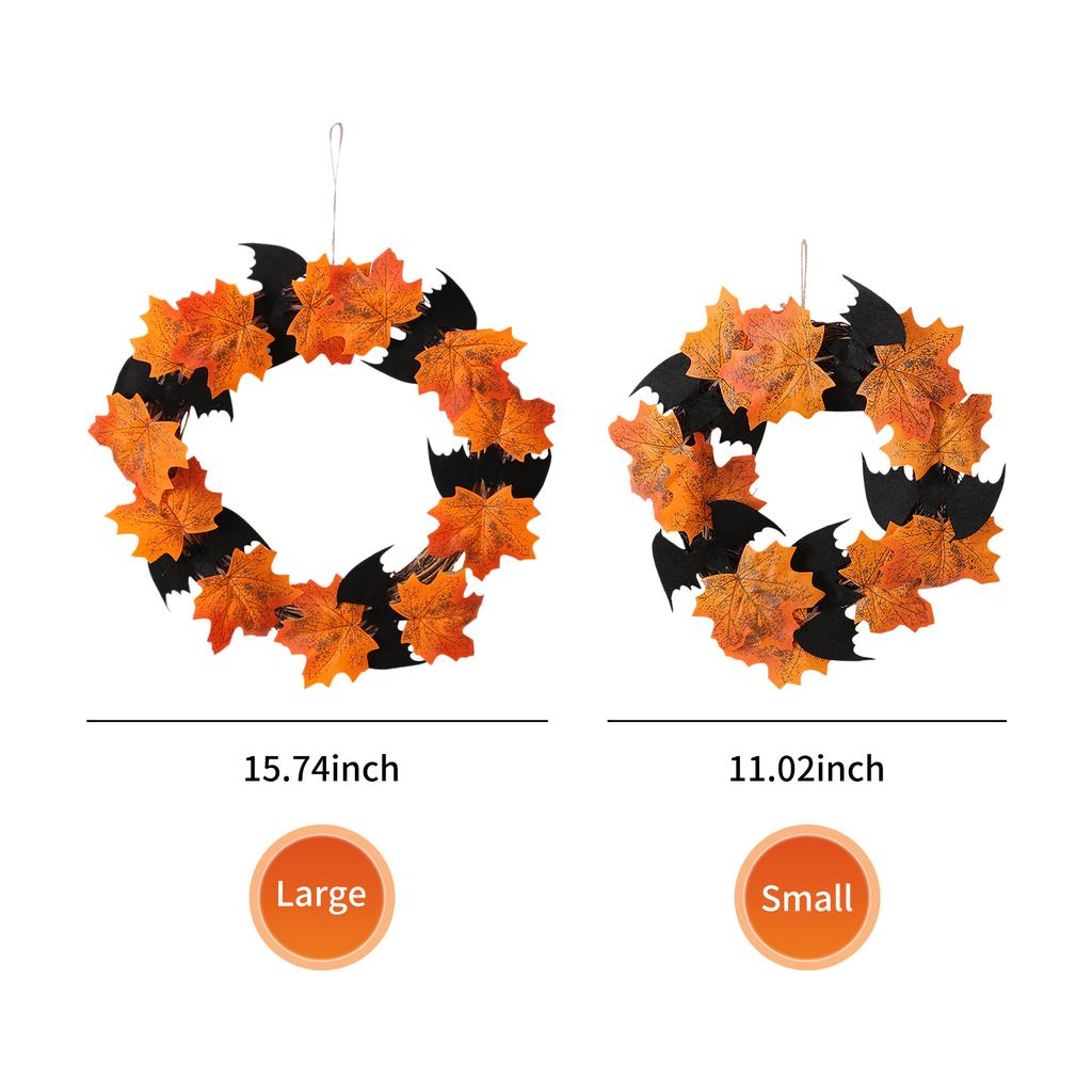 11 Inch Halloween Front Door Wreath Hanging Garland Artificial Maple Leaf Bat Wreath for Wall