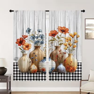 Set Of 2 Retro Vase Print Curtains Suitable Bedroom Living Room Kitchen Decoration Home Window Curtain Polyester Ideal For Area
