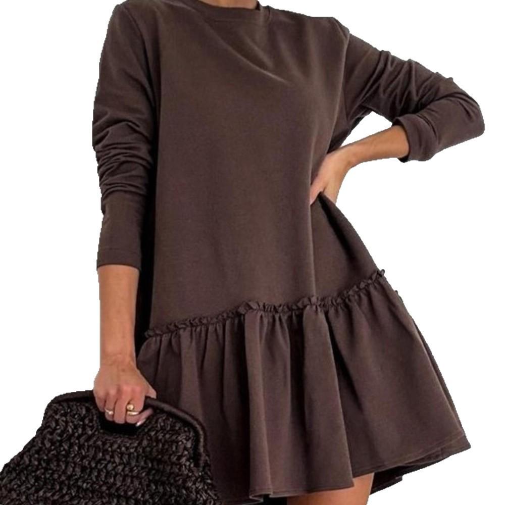 Elegantní evropské a americké plisované jednobarevné dlouhé šaty s volánkovým kulatým výstřihem