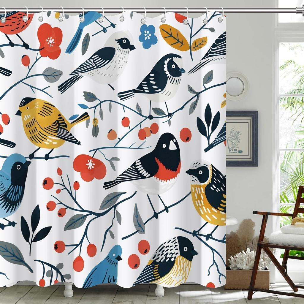 Red Japanese Bird Shower Curtain with Crane and Plum Blossoms,Waterproof Fabric Bath Curtain, Anime Wave Style Bathroom