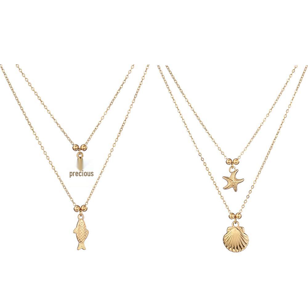 Collana in Acciaio Titanio a Due Strati Antiossidante Serie Oceano con Ciondoli Tartaruga Marina, Pesce e Stella Marina per Donna.