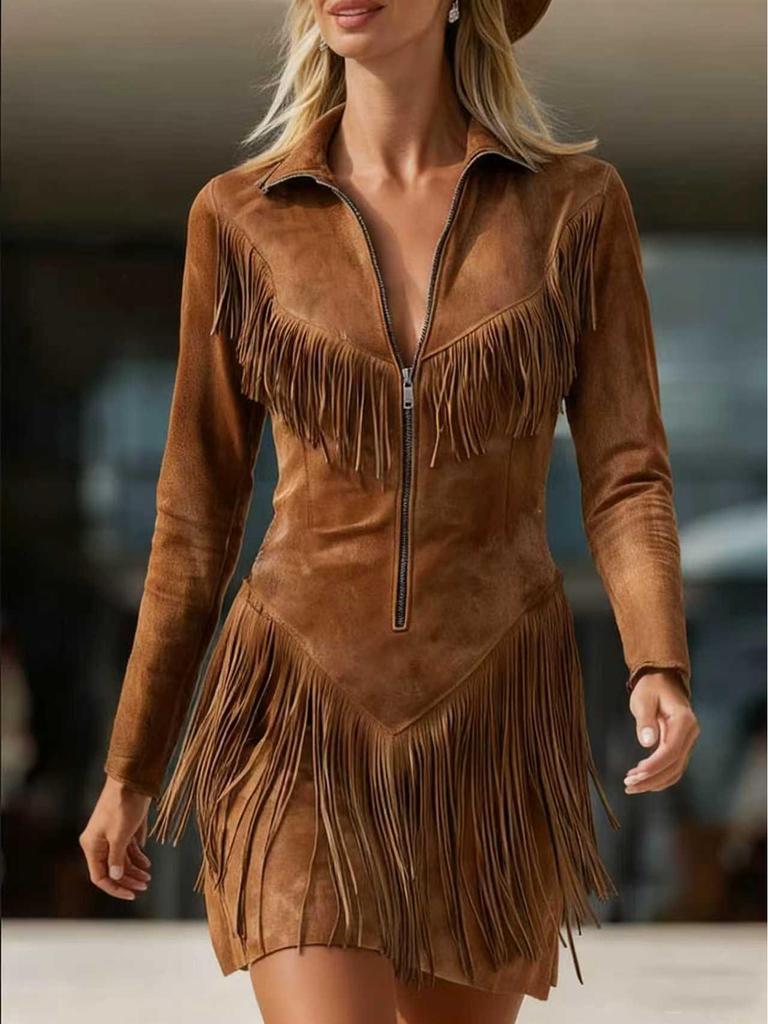 Dámské semišové šaty s třásněmi ve westernovém stylu, úzký střih - Hit roku 2025