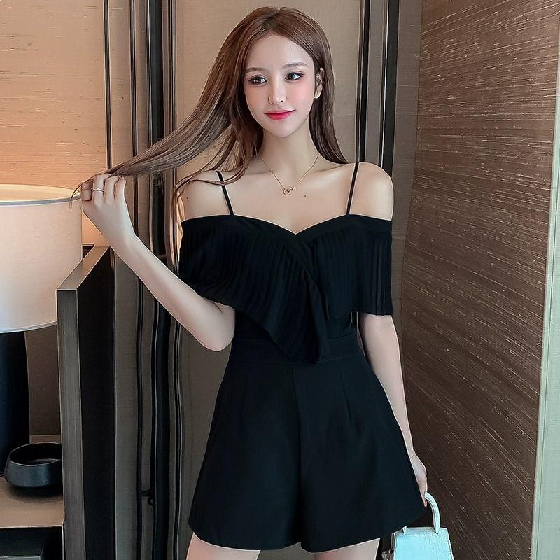 

Petite Women s Slimming One-Shoulder Chiffon Jumpsuit Romper Small чёрный