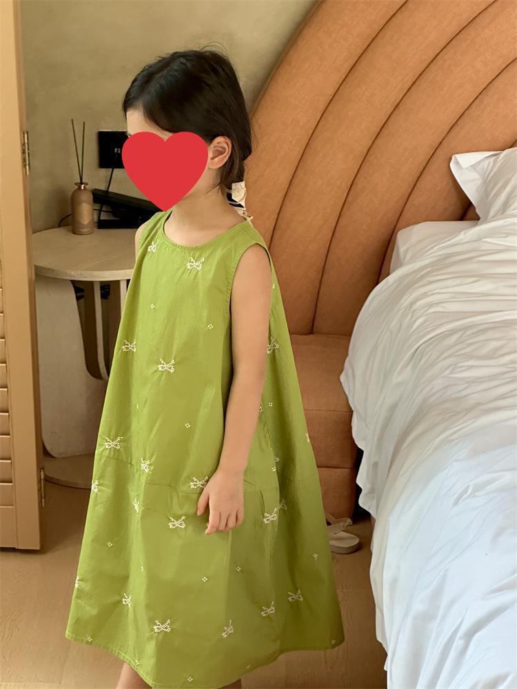 Ärmelloses Baby-Mädchen Prinzessinnenkleid im koreanischen Stil mit Schleife - Sommer Einfarbig