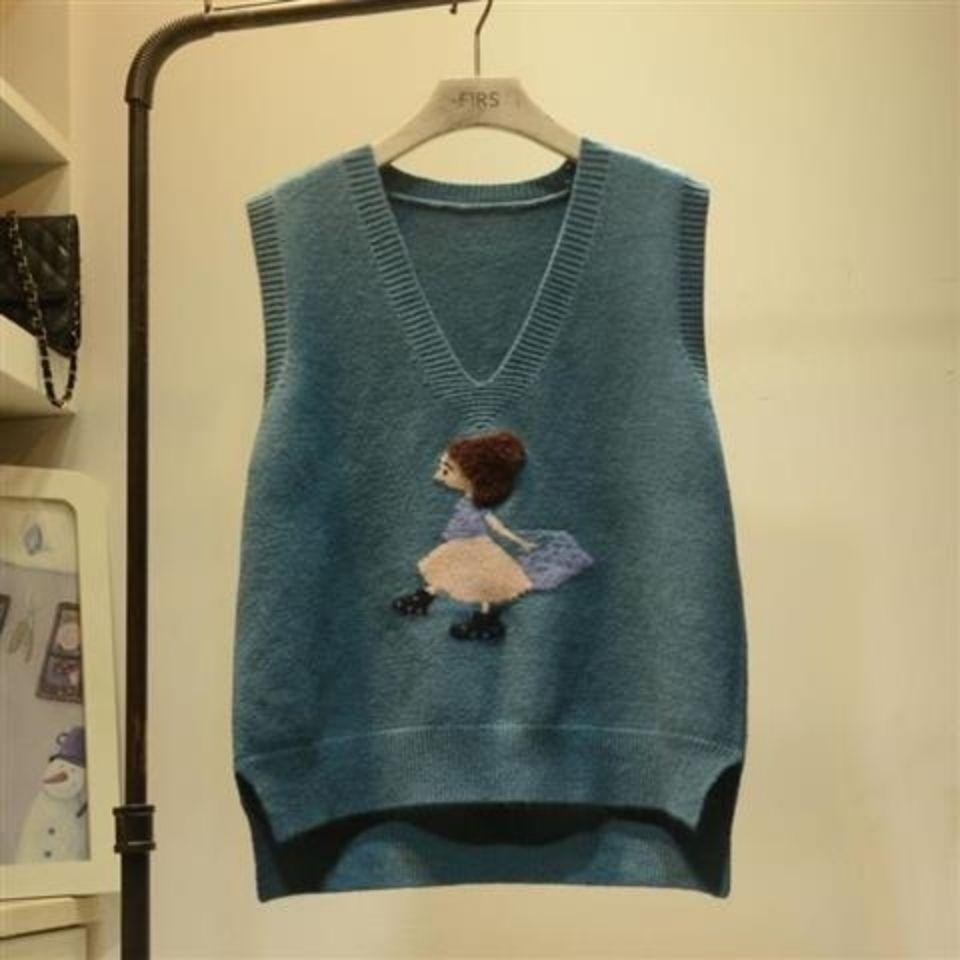 

Майка с рисунком из мультфильма, свитер для девочек с V-образным вырезом, корейская версия, жилет без рукавов, свободный вязаный свитер для ранней осени, верхняя одежда 3XL