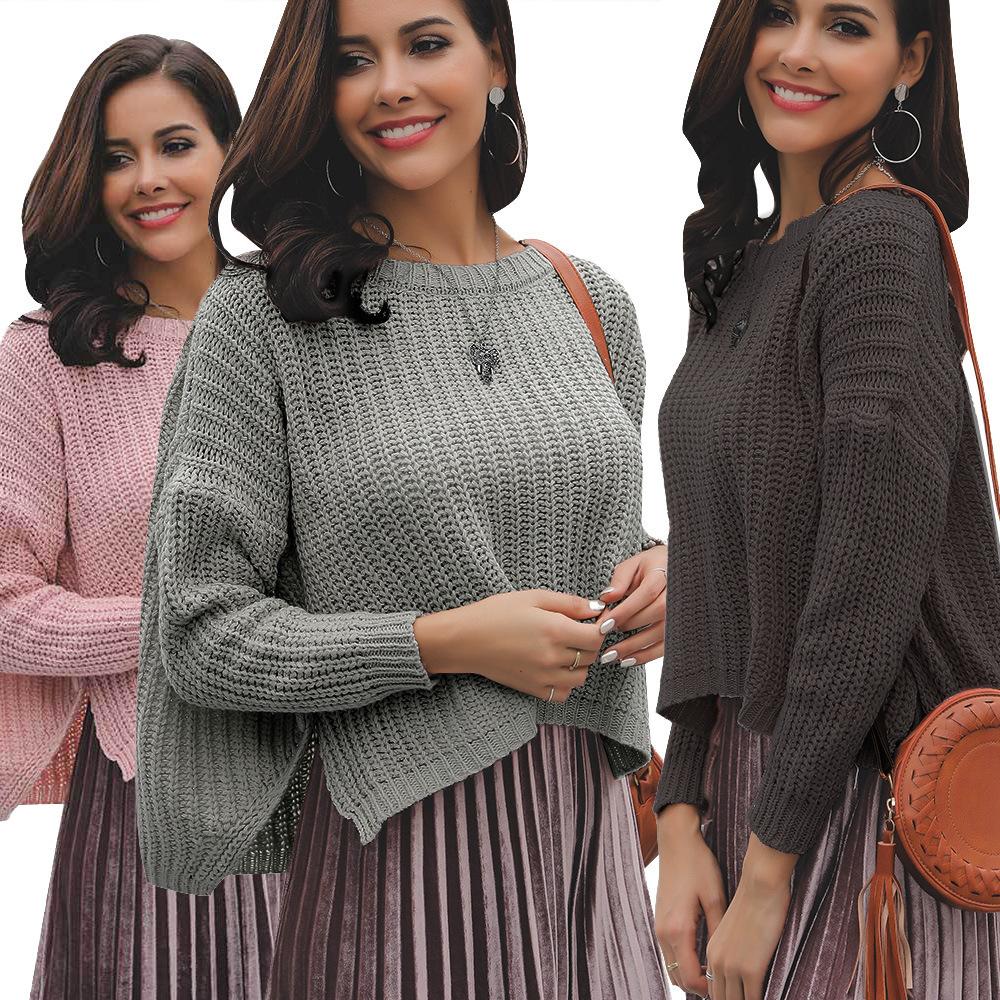 Casual Solid Knit Sweater Ladies V Neck Crew Neck Warm Daily Long Sleeve Blouse