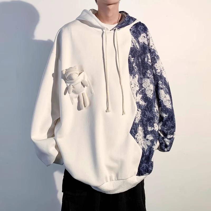 Mens Bear Print Hoodie Casual Loose Fit Contrast Color Stitching Sweatshirt Plus Size Couple Top