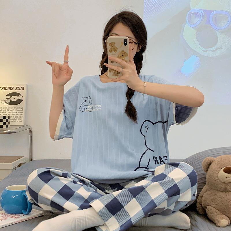 Damen-Set, modisch, kurzärmelig, Rundhals-Pullover, Oberteil, karierte Hosen, lockeres, bequemes Heim-Outfit, Nachtwäsche, Homewear-Pyjama, 2-teilig