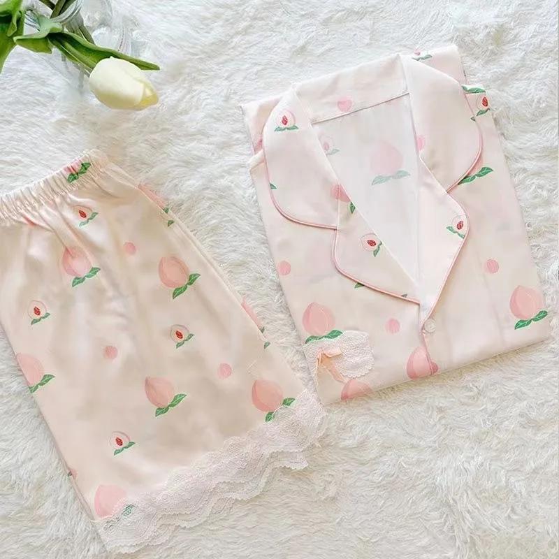 Lace Patchwork Pink Sexy Two Piece Pajama Set Summer Women's V-Neck Top and Shorts Set Fashion Women's Pajama Set Home Clothes