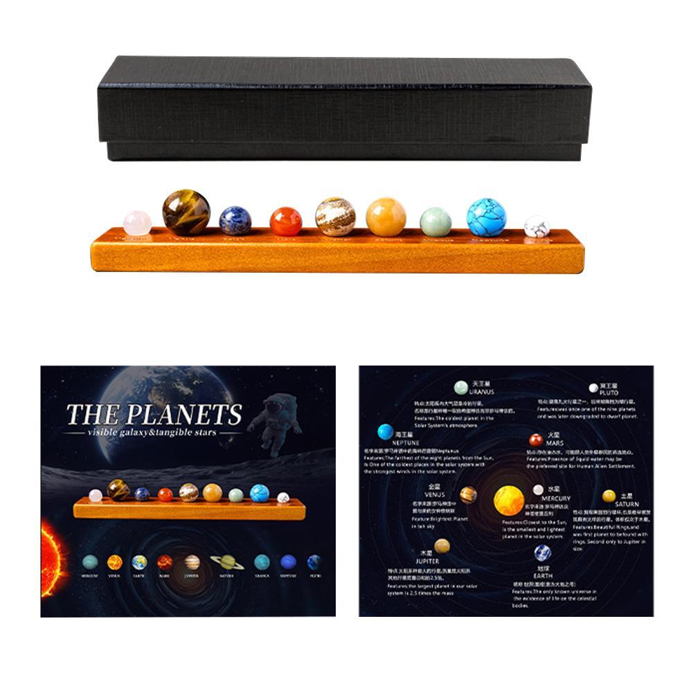 Natural Crystal 9-Planets Ball Solar System Sun with Rock Quartz Stones Wooden Box Beads Desktop Decorative Item