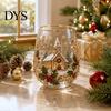 Christmas Themed Water Mug 330ML Glass Cup, Wreath/Santa Claus/Elk/Stockings/Snowman Pattern Holiday Glassware Compact for Breakfast Wine, Coffee,