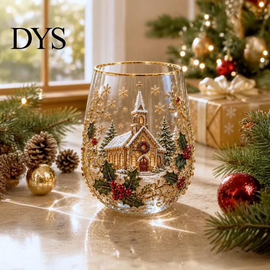 Christmas Themed Water Mug 330ML Glass Cup, Wreath/Santa Claus/Elk/Stockings/Snowman Pattern Holiday Glassware Compact for Breakfast Wine, Coffee,