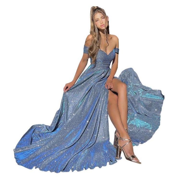 Elegant European American Style Women Sequin Slit Tube Top Gown 2025