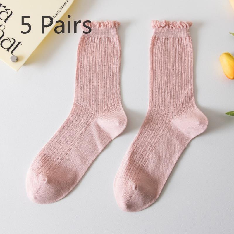 5 Pairs of New Female Spring and Summer Mesh Auricular Rimmed Boneless Pure Cotton Tube Stack Socks