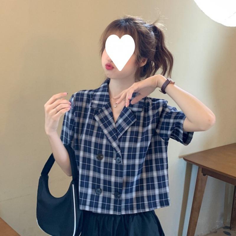 Plaid Suit Collar Short-sleeved Shirt Small Jacket Korean Style Temperament Short Slim Top Women's Trend