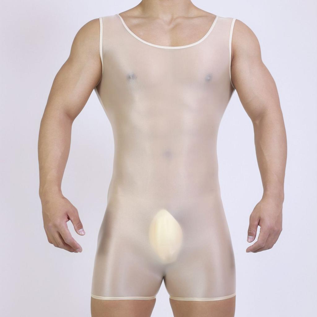 Thin Oil Shiny Sleeveless Playsuit High Elastic Shaping Tights Sheer Gay U Convex Pouch Sheath Bodysuit Tops Man Leotard