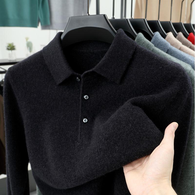 Men's 100% Pure Wool Lapel Sweater - Autumn/Winter Thickened Base Layer with Plus Velvet Warmth