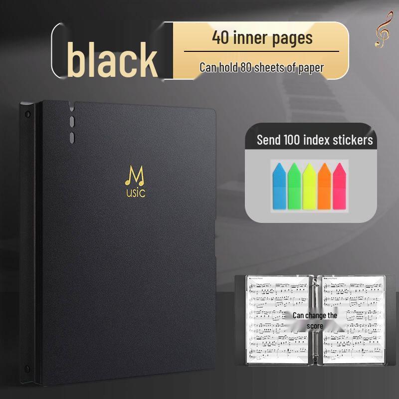 Black Non-Reflective Sheet Music Clip & Folder for Piano and Drum Stands with Transparent Insert Pages