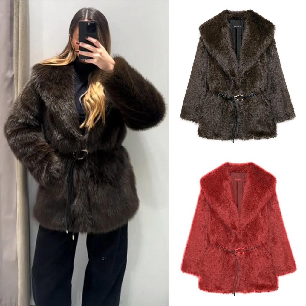 Vintage Luxury Faux Fur Women Coats Fashion Belt Lapel Full Sleeve Female Jacket 2025 Winter Street Loose Thicken Lady Outwears