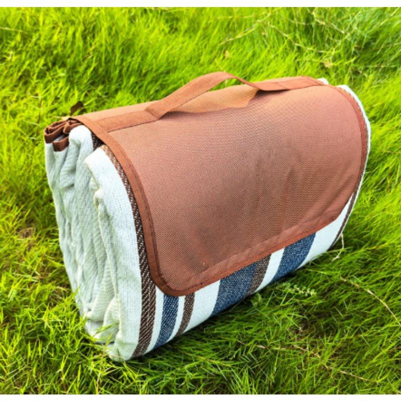 Blue White Striped Large Picnic Blanket - 1pc Dual Layer Nylon Coarse Knit Durable All-Season Outdoor Mat with Carry Handle