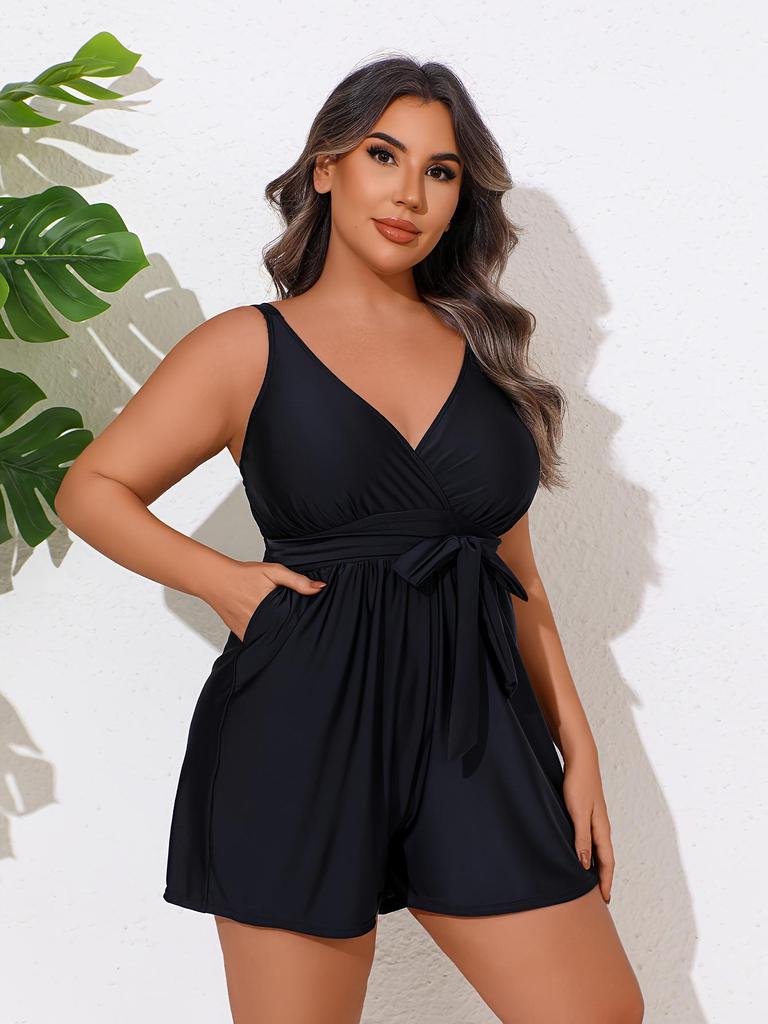 Women's Plus Size Deep V Strappy Swimsuit Boxers: Slimming One-Piece Vacation Swimwear