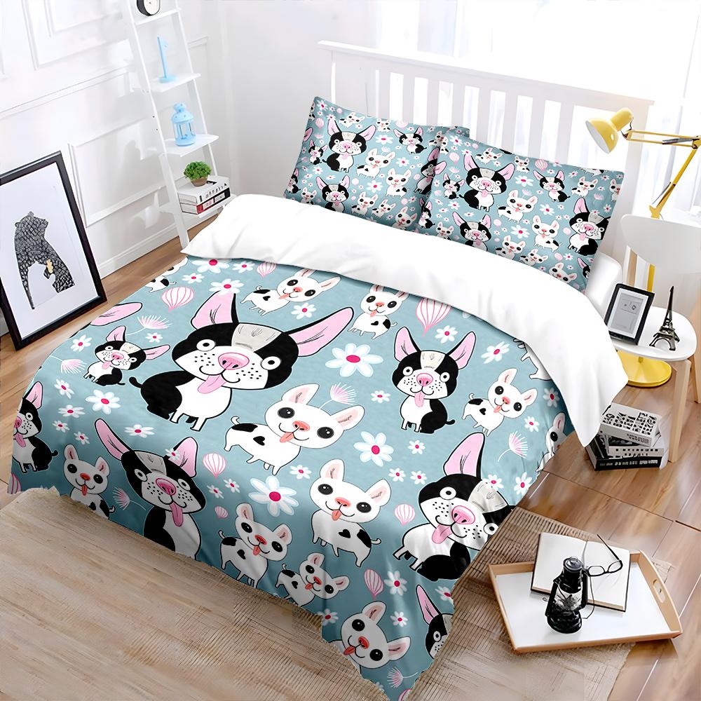 Cute Dogs with Floral Patterns Bedding Set for Kids Luxury Gift 3pcs Digital Print Comforter Set Soft Comfortable Breathable