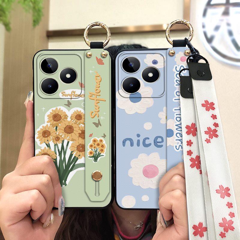 Back Cover Anti-knock Phone Case For Realme C53/Narzo N53 Wrist Strap Phone Holder Dirt-resistant Waterproof Ring Flower