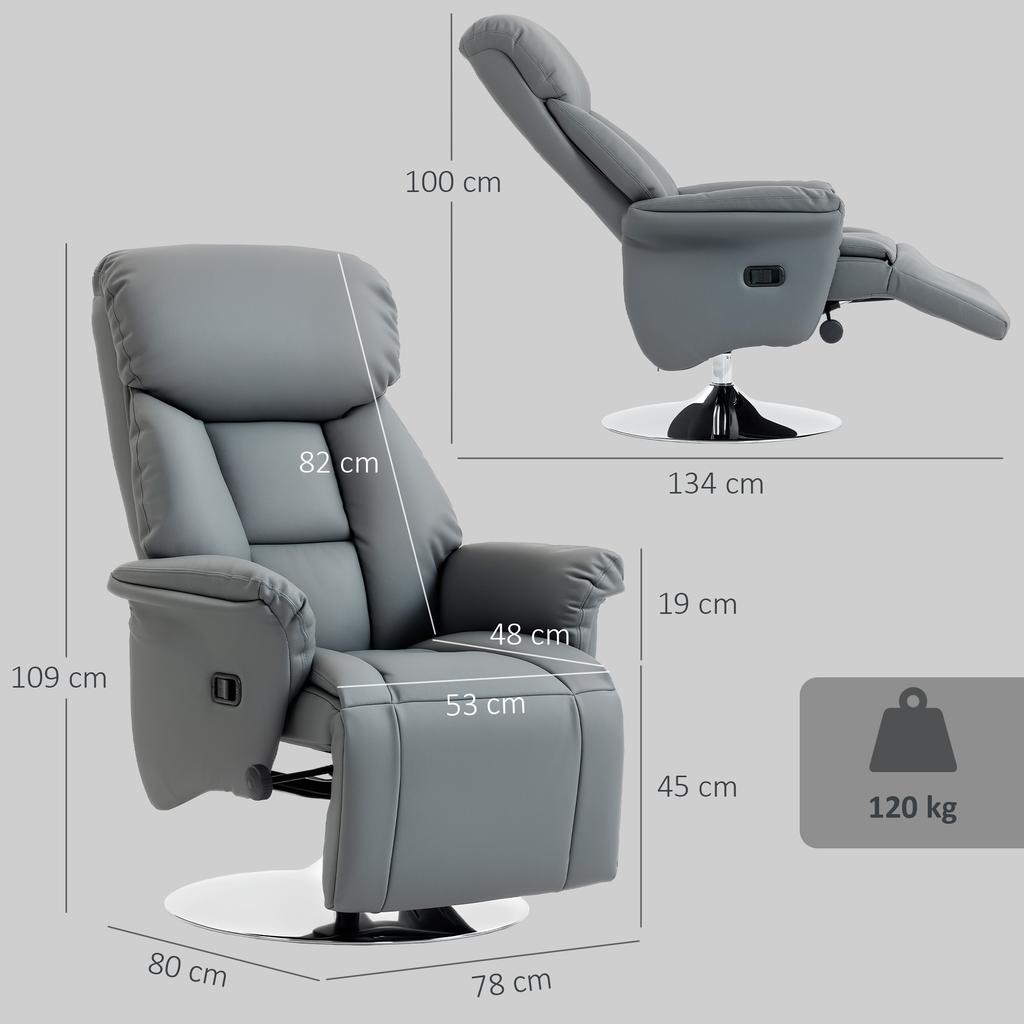 Recliner Armchair, Reclining Function, Leather Look, Footrest, Up To 120 Kg, 78 X 80 X 109 Cm, Grey
