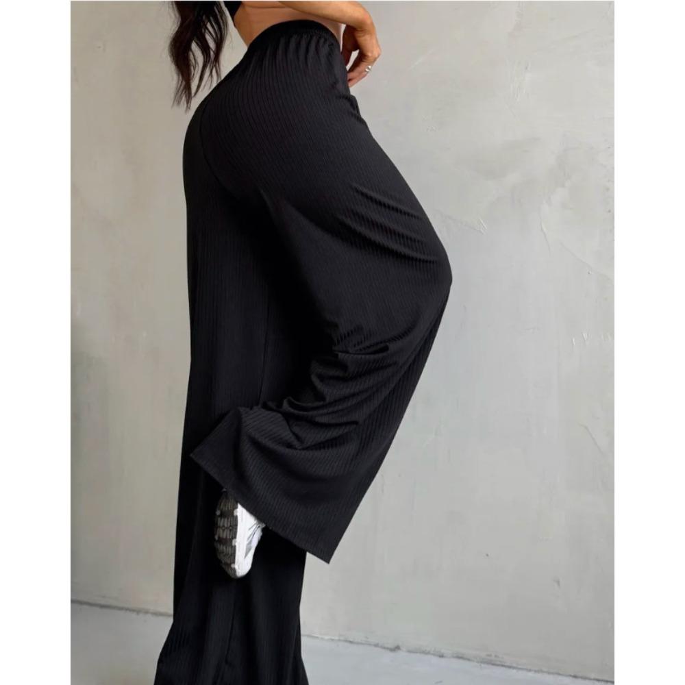 Women's Ribbed Drawstring Elastic Waist Wide Leg Loose Casual Lounge Pants Summer Trousers