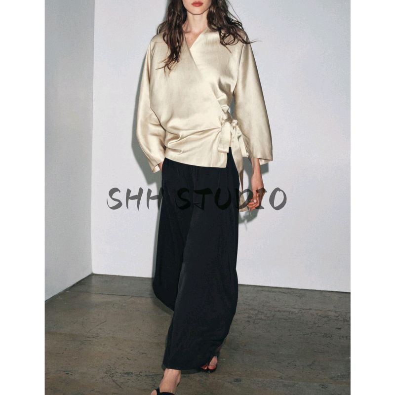 Autumn New Women's Clothing Minimalist Style Linen Blend V Neck Long Sleeves Double Breasted Bowknot Decoration Shirt 8275030